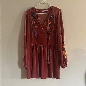 Zara Rust Long Sleeve Embroidered Dress